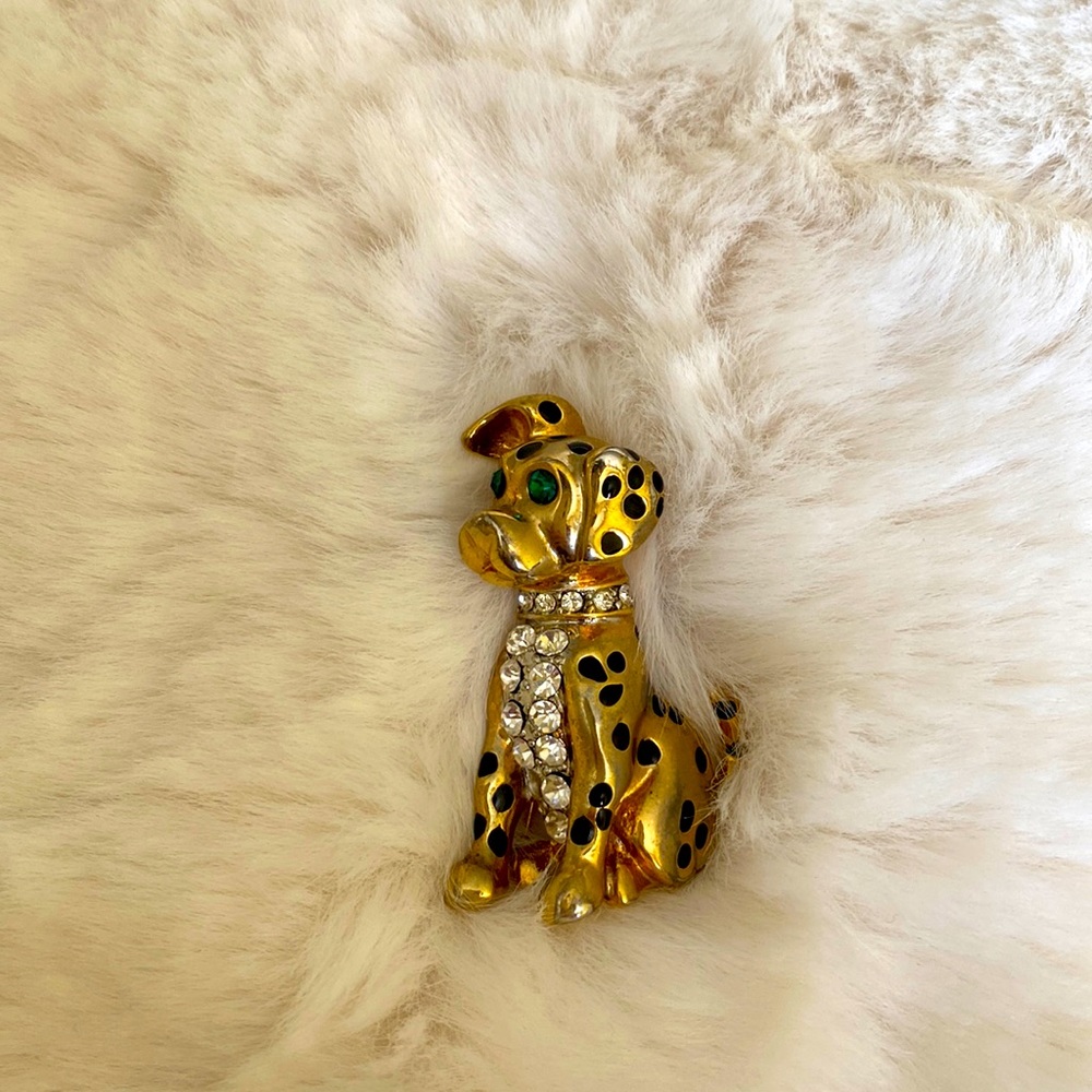 Dog Pin Gold Tone Crystal Rhinestones & Black Enamel Spots, Spotted Dog Brooch - Picture 4 of 11